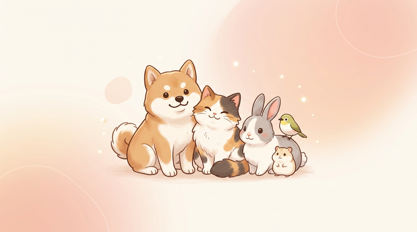 犬・猫・うさぎなど、かわいいペットたちのイメージ（AI生成の参考イラスト）